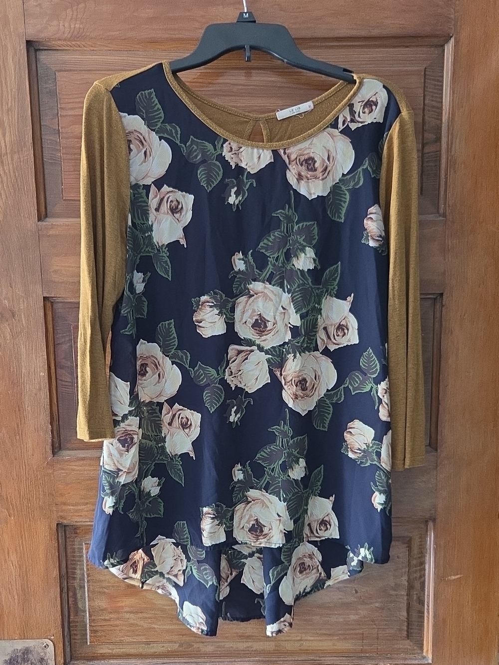 Floral Contrast Raglan Top - Gold and Navy